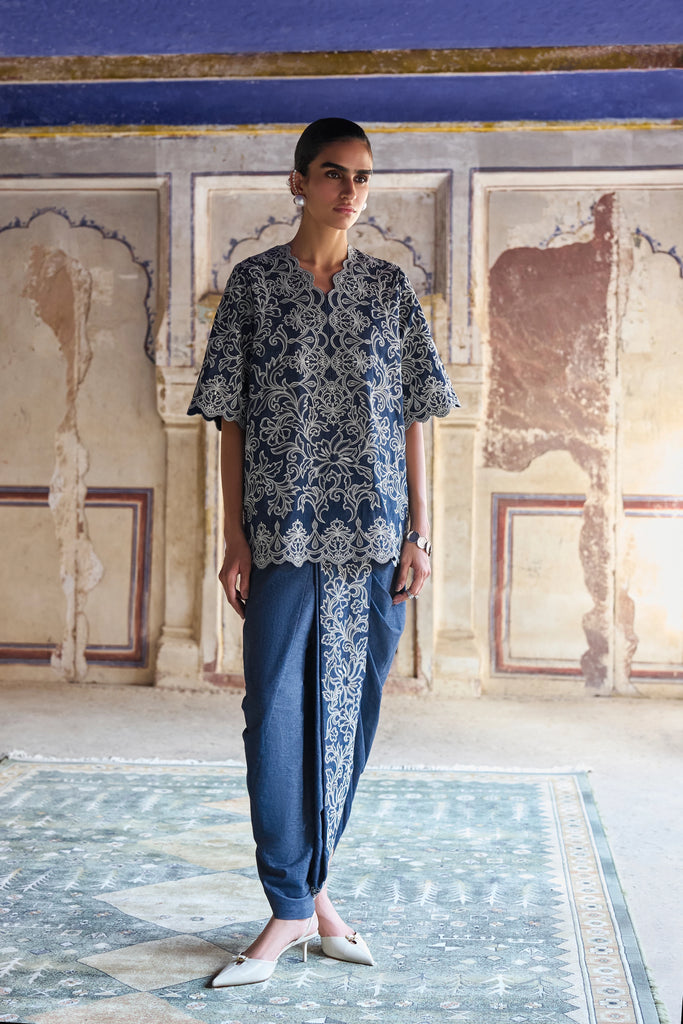 Metallic Thread Embroidered Denim Dhoti Pant dash and dot