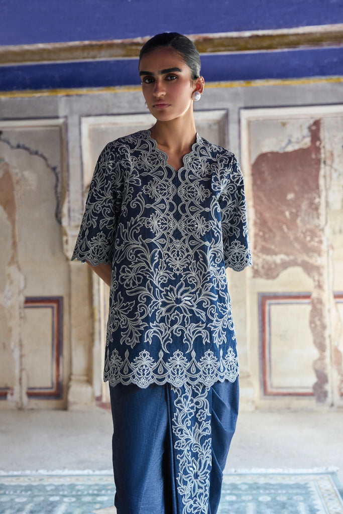 Metallic Thread Embroidered Denim Dhoti Pant dash and dot