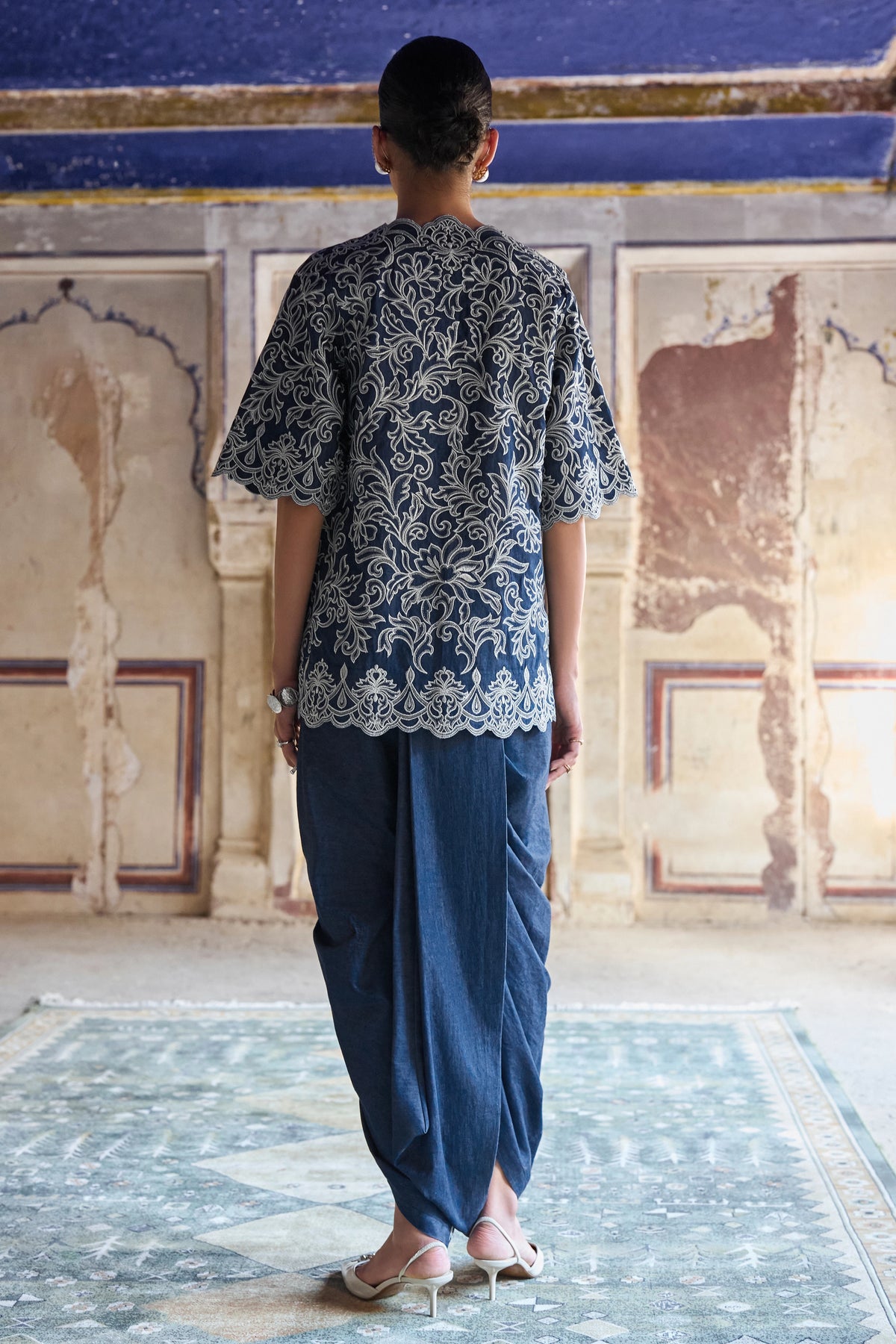 Metallic Thread Embroidered Denim Dhoti Pant