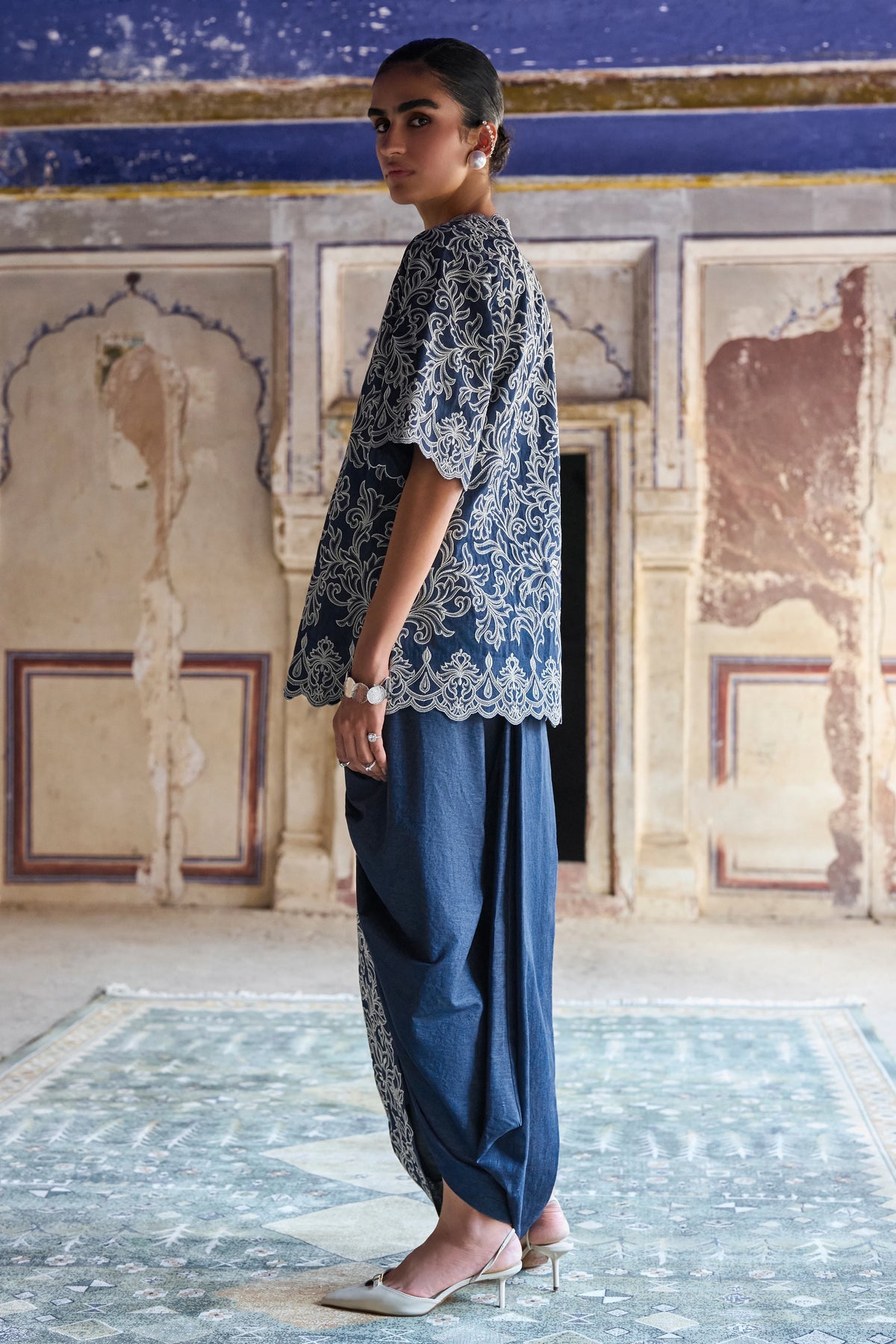 Metallic Thread Embroidered Denim Dhoti Pant