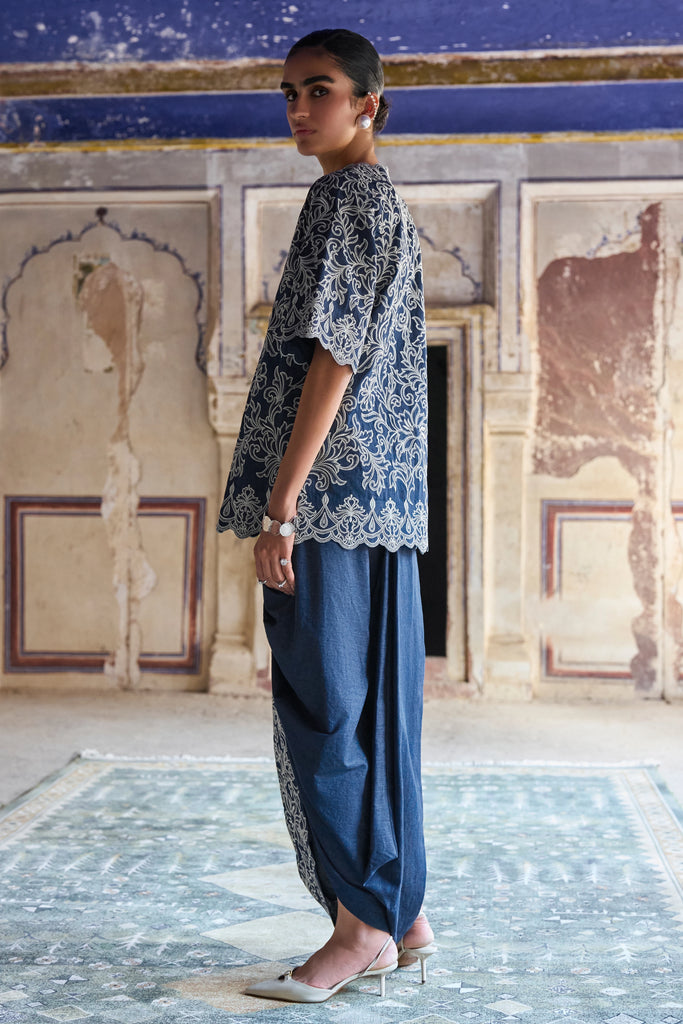 Metallic Thread Embroidered Denim Dhoti Pant dash and dot