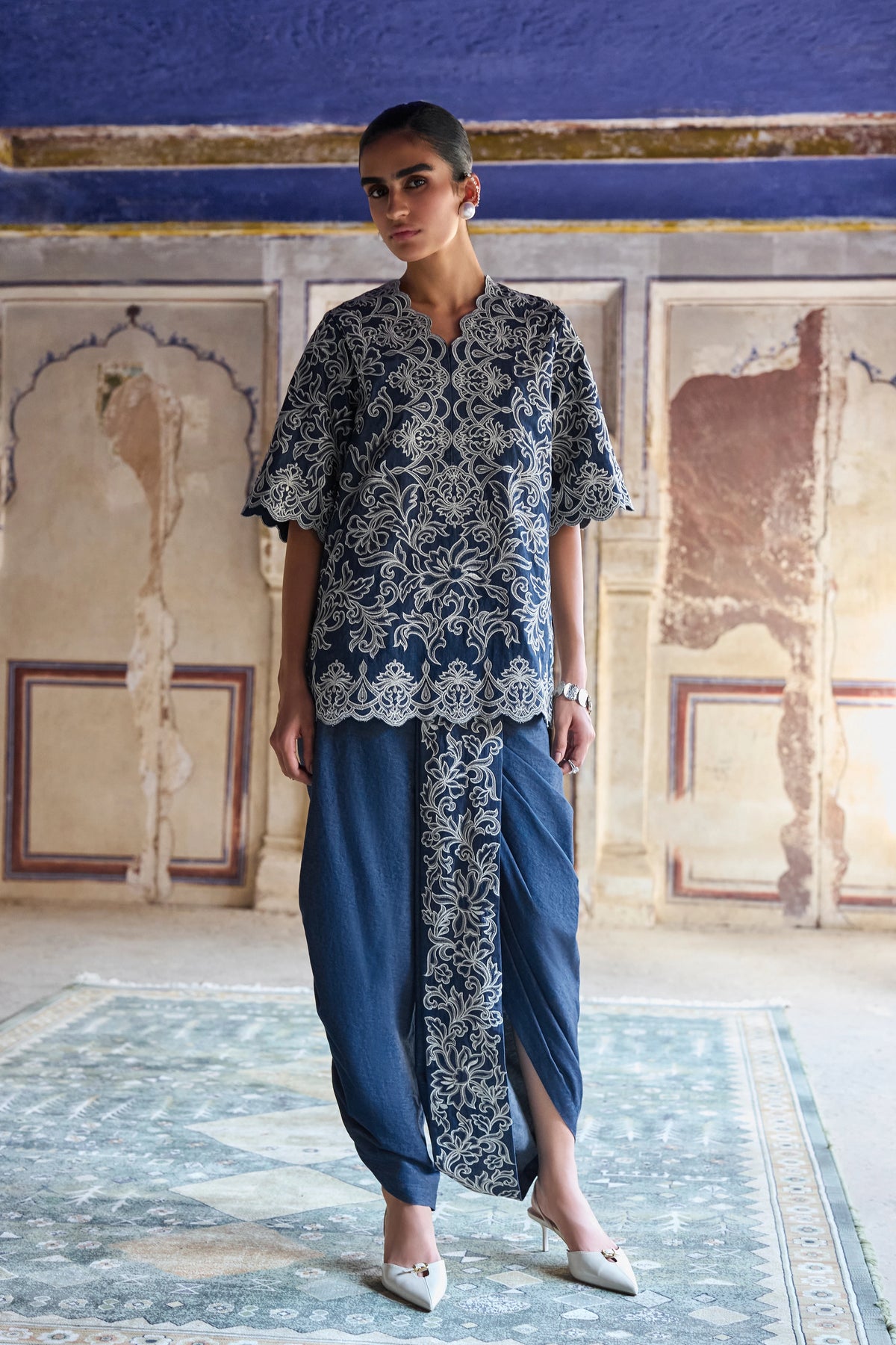 Metallic Thread Embroidered Denim Dhoti Pant