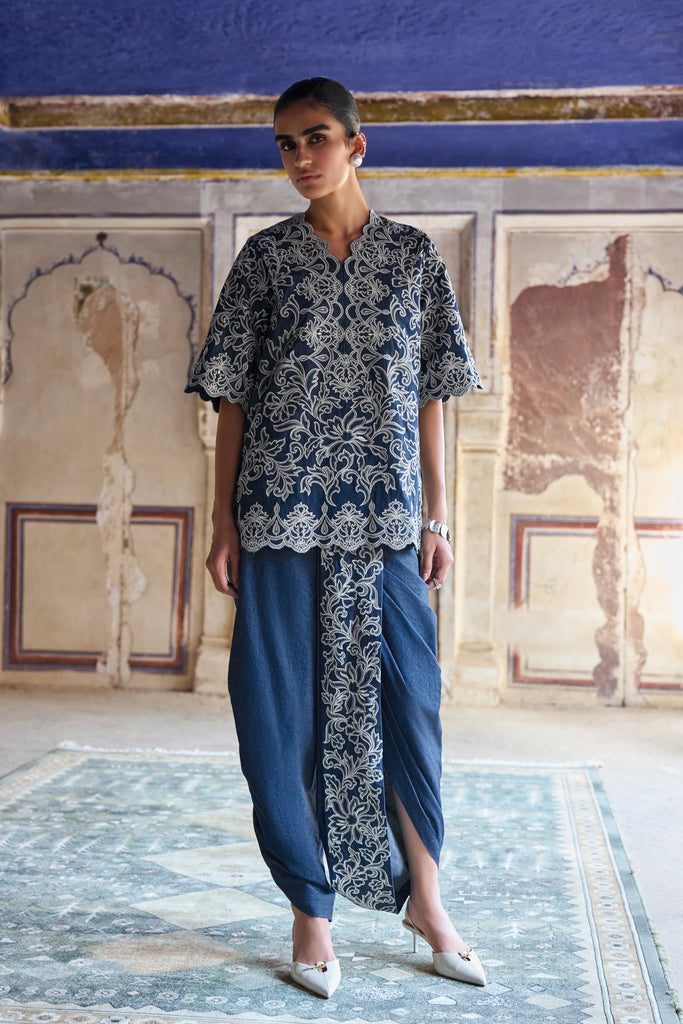 Metallic Thread Embroidered Denim Dhoti Pant dash and dot