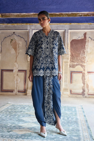 Metallic Thread Embroidered Denim Dhoti Pant