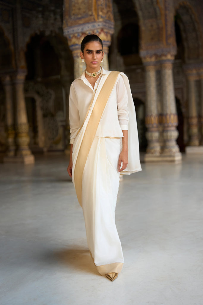 Gold Border Ivory Sari Drape Skirt dash and dot