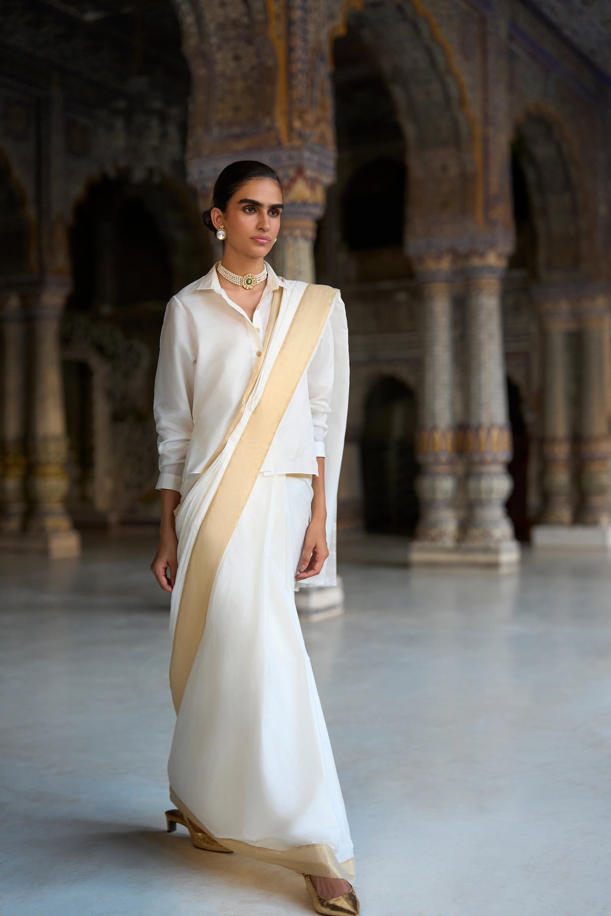 Gold Border Ivory Sari Drape Skirt