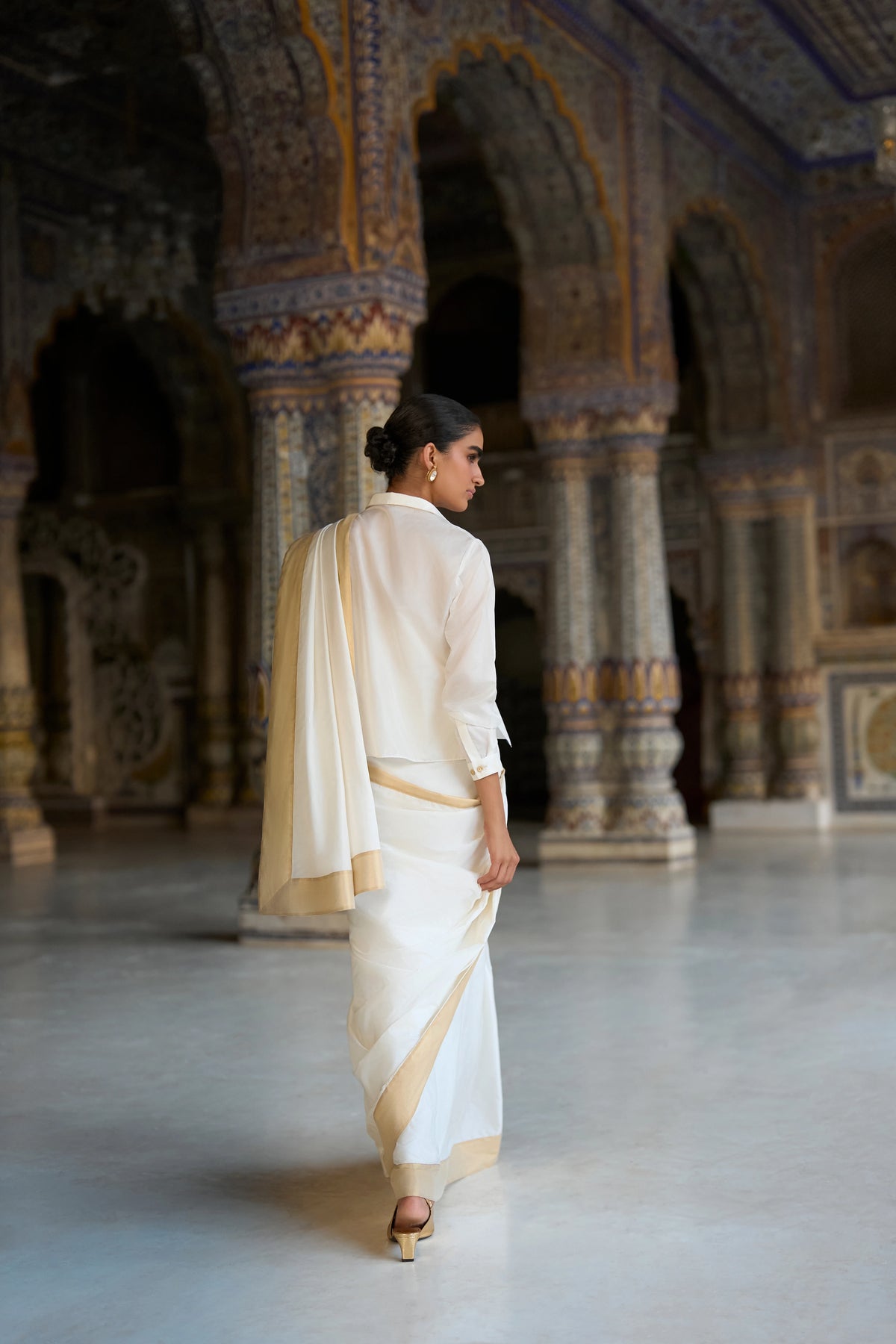 Gold Border Ivory Sari Drape Skirt