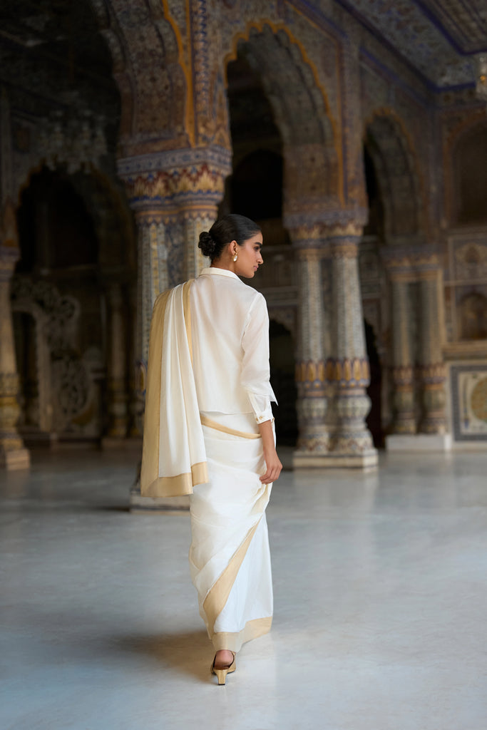 Gold Border Ivory Sari Drape Skirt dash and dot