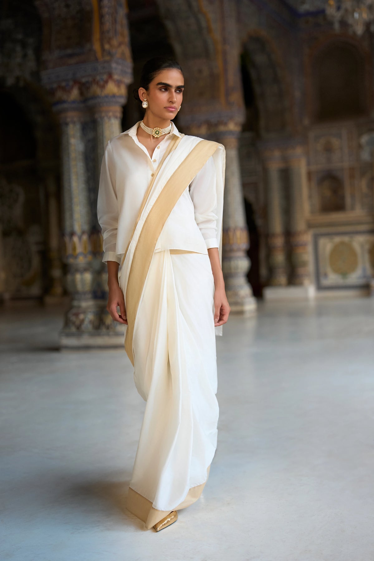 Gold Border Ivory Sari Drape Skirt