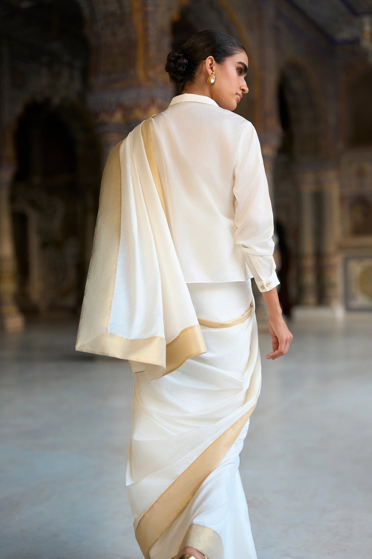 Gold Border Ivory Sari Drape Skirt