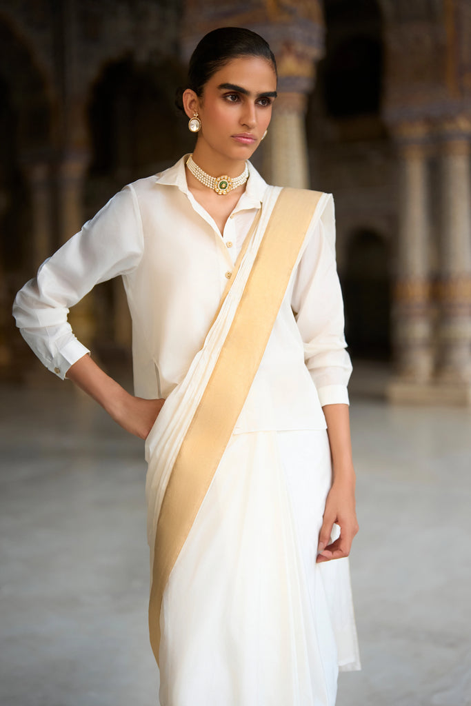 Gold Border Ivory Sari Drape Skirt dash and dot