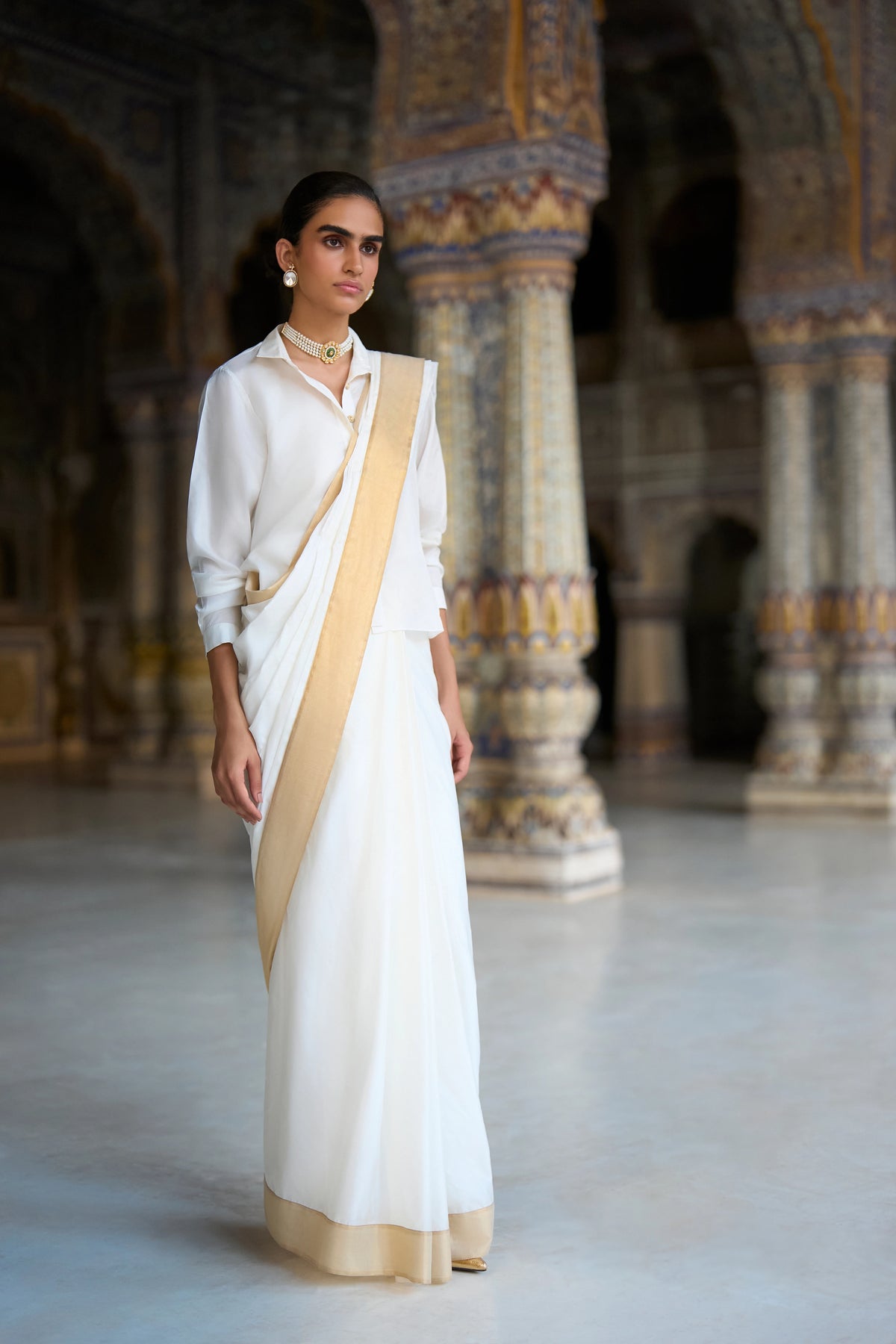 Gold Border Ivory Sari Drape Skirt