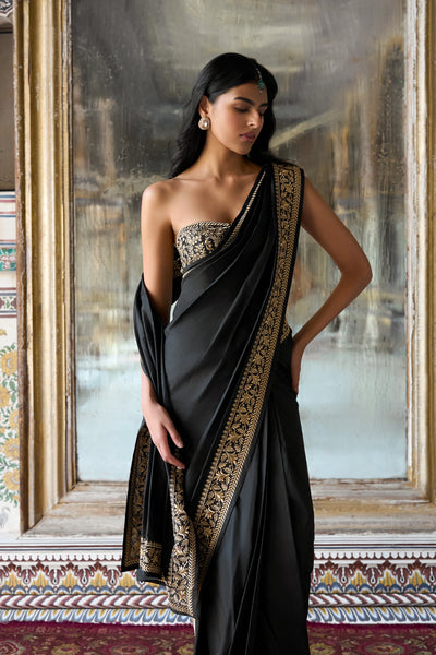 METALLIC THREAD EMBROIDERED BRALETTE & SARI DRAPE SKIRT SET