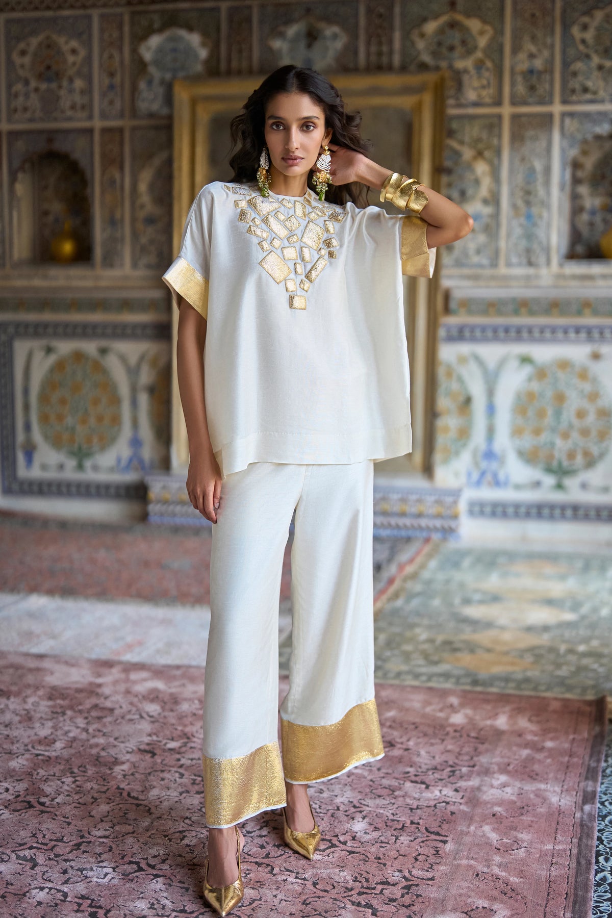 Gold Border Textured Wide-Legged Pant
