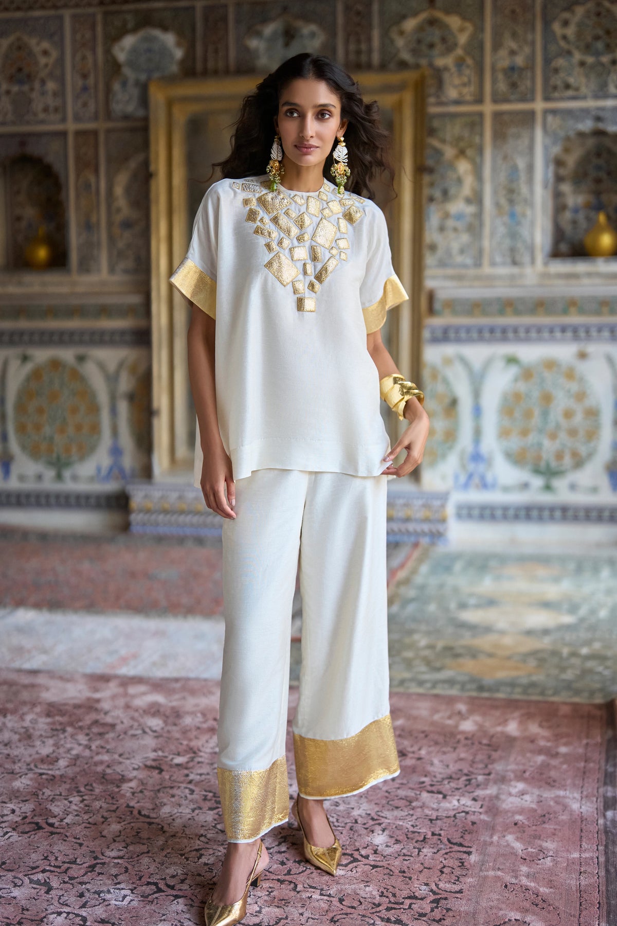 Gold Border Textured Wide-Legged Pant