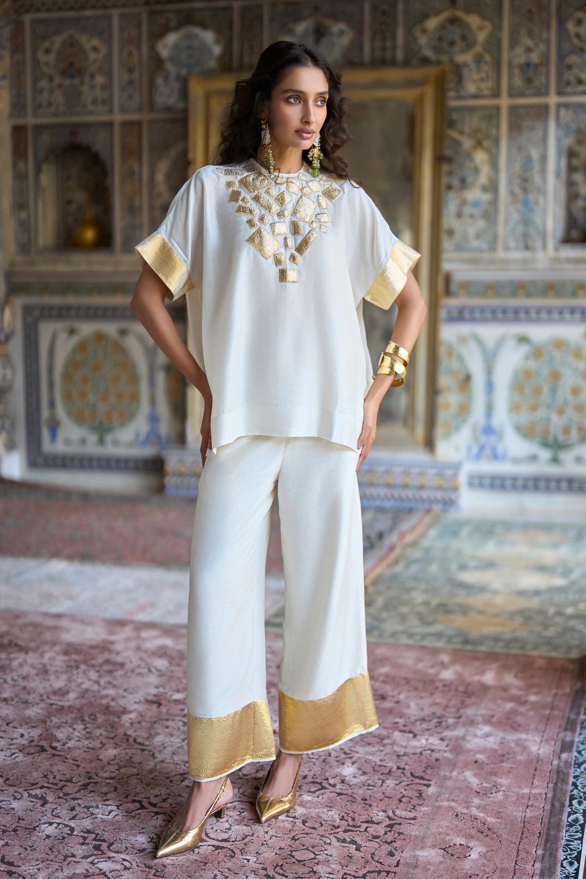 Gold Border Textured Wide-Legged Pant