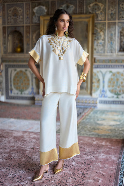 Gold Border Textured Wide-Legged Pant
