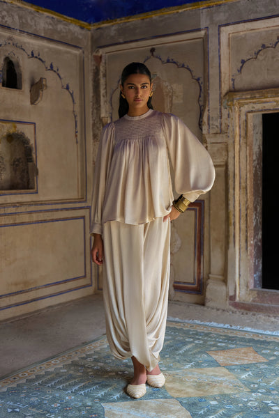 Smocked Balloon Sleeve Top With Embroidered Bib & Cowl Drape Pant