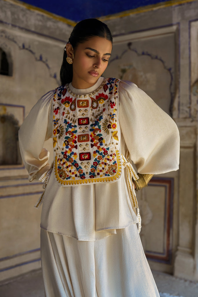 Smocked Balloon Sleeve Top With Embroidered Bib & Cowl Drape Pant dash and dot