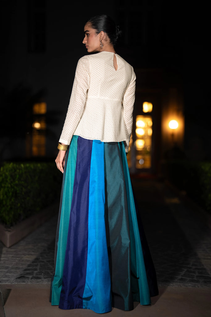 EMBROIDERED PATTERNED PEPLUM TOP & MULTICOLOUR PANELLED MAXI SKIRT dash and dot