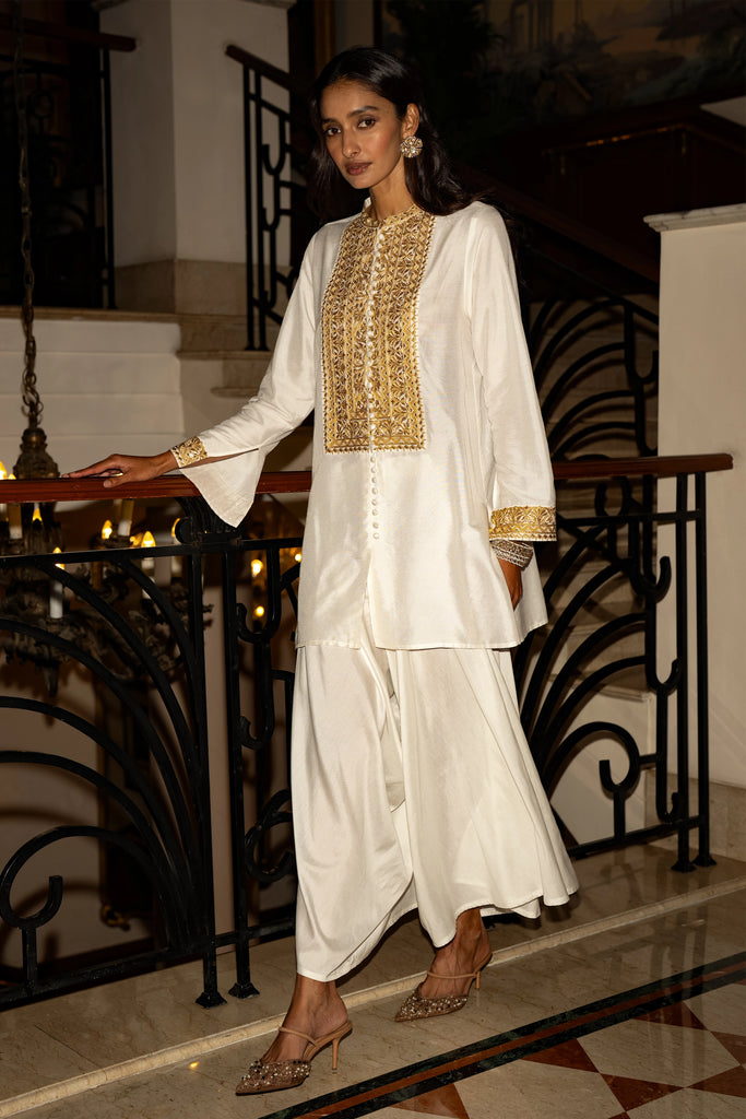METALLIC THREAD EMBROIDERED TOP & DRAPED IVORY CULOTTE dash and dot