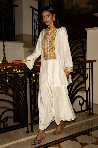 METALLIC THREAD EMBROIDERED TOP & DRAPED IVORY CULOTTE