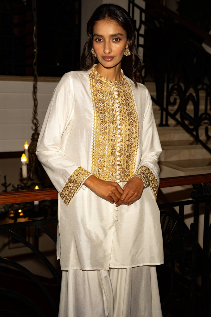 METALLIC THREAD EMBROIDERED TOP & DRAPED IVORY CULOTTE dash and dot