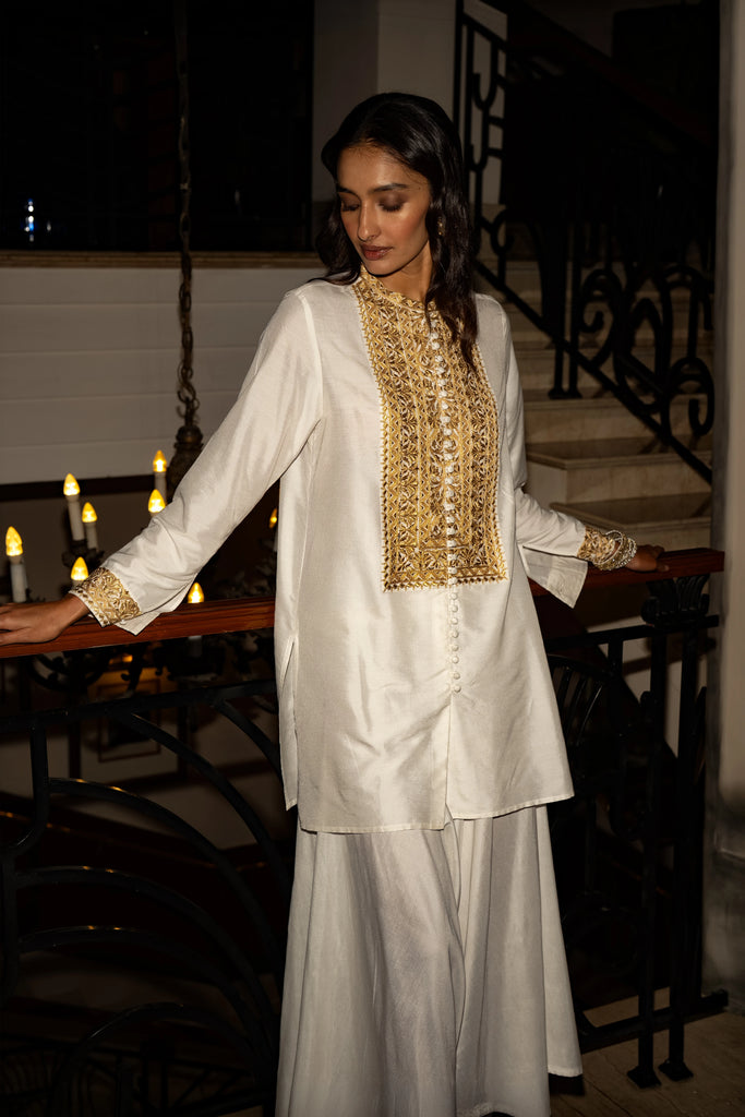 METALLIC THREAD EMBROIDERED TOP & DRAPED IVORY CULOTTE dash and dot