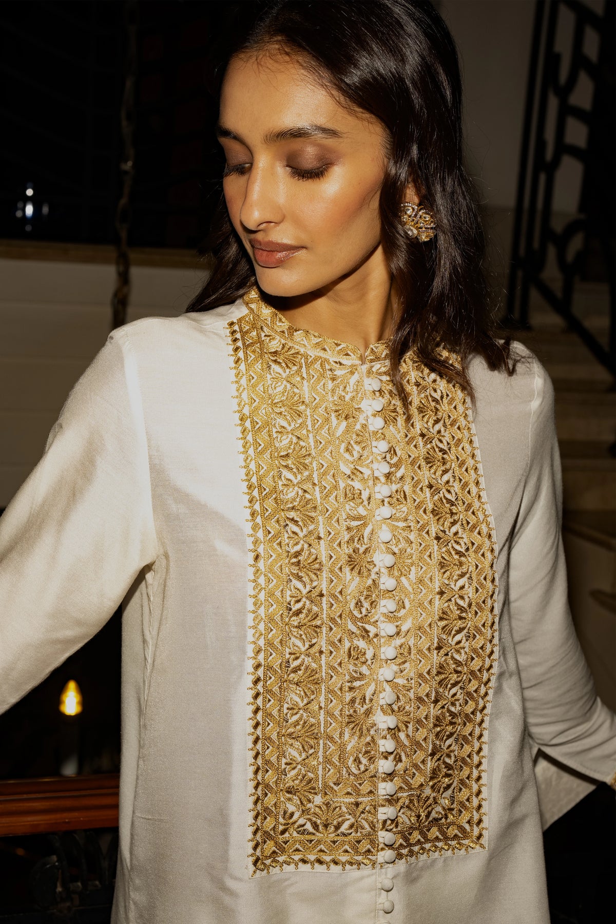 METALLIC THREAD EMBROIDERED TOP & DRAPED IVORY CULOTTE
