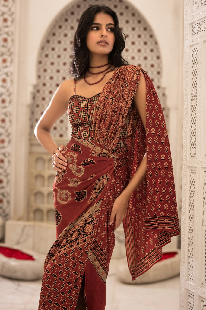 AJRAKH PRINT CORSET & SARI DRAPE SKIRT dash and dot