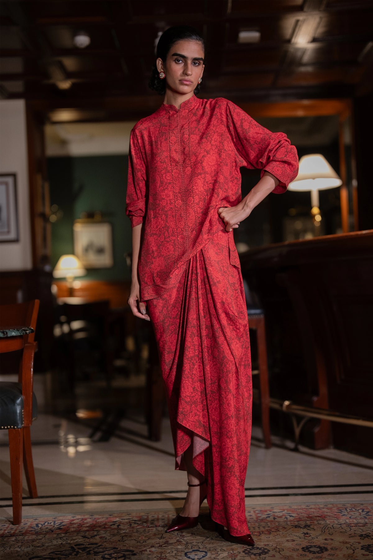 TONAL FLORAL PRINTED DRAPE SKIRT