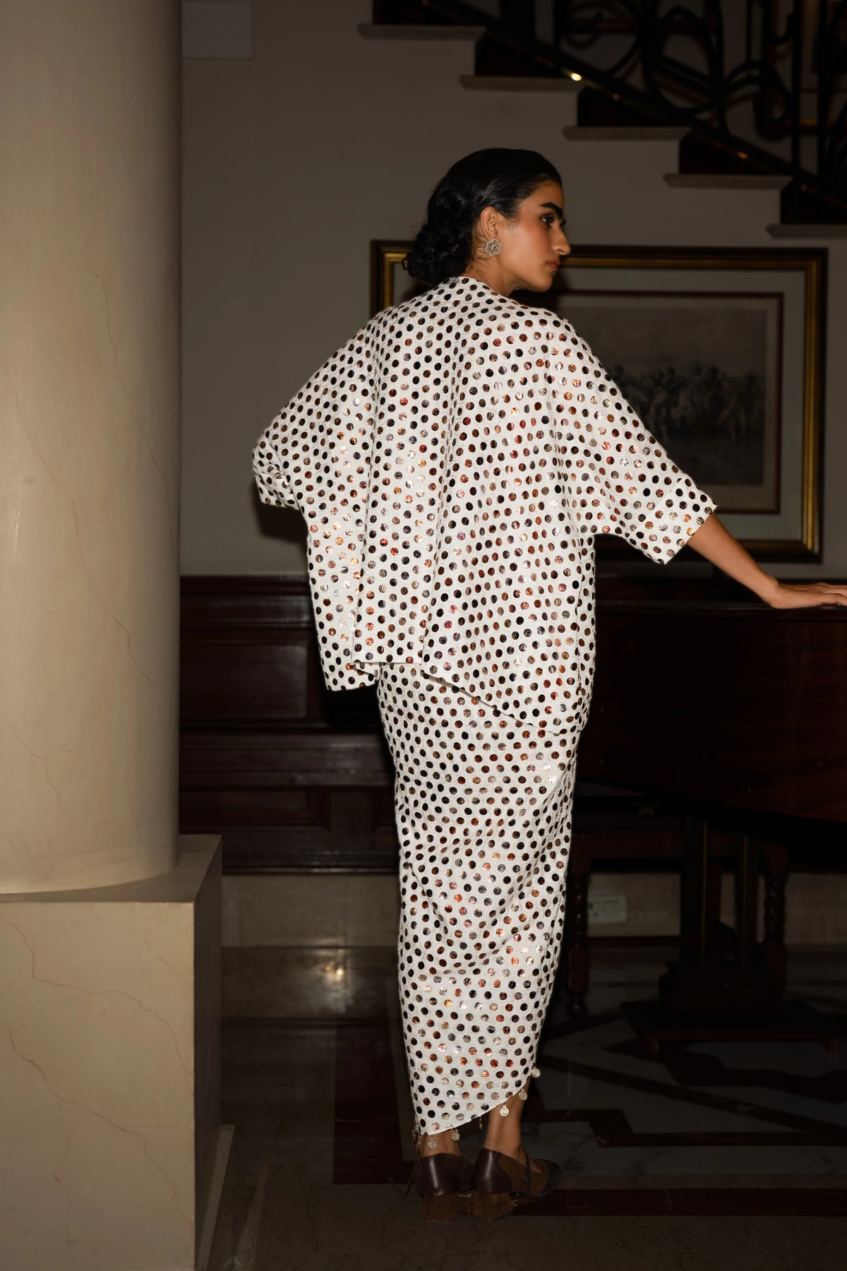 METALLIC POLKA DOT DRAPE SKIRT