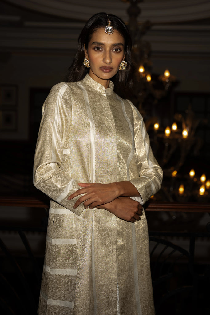 BENARES SILK BROCADE LONGLINE JACKET dash and dot