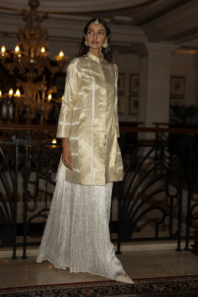 BENARES SILK BROCADE LONGLINE JACKET dash and dot
