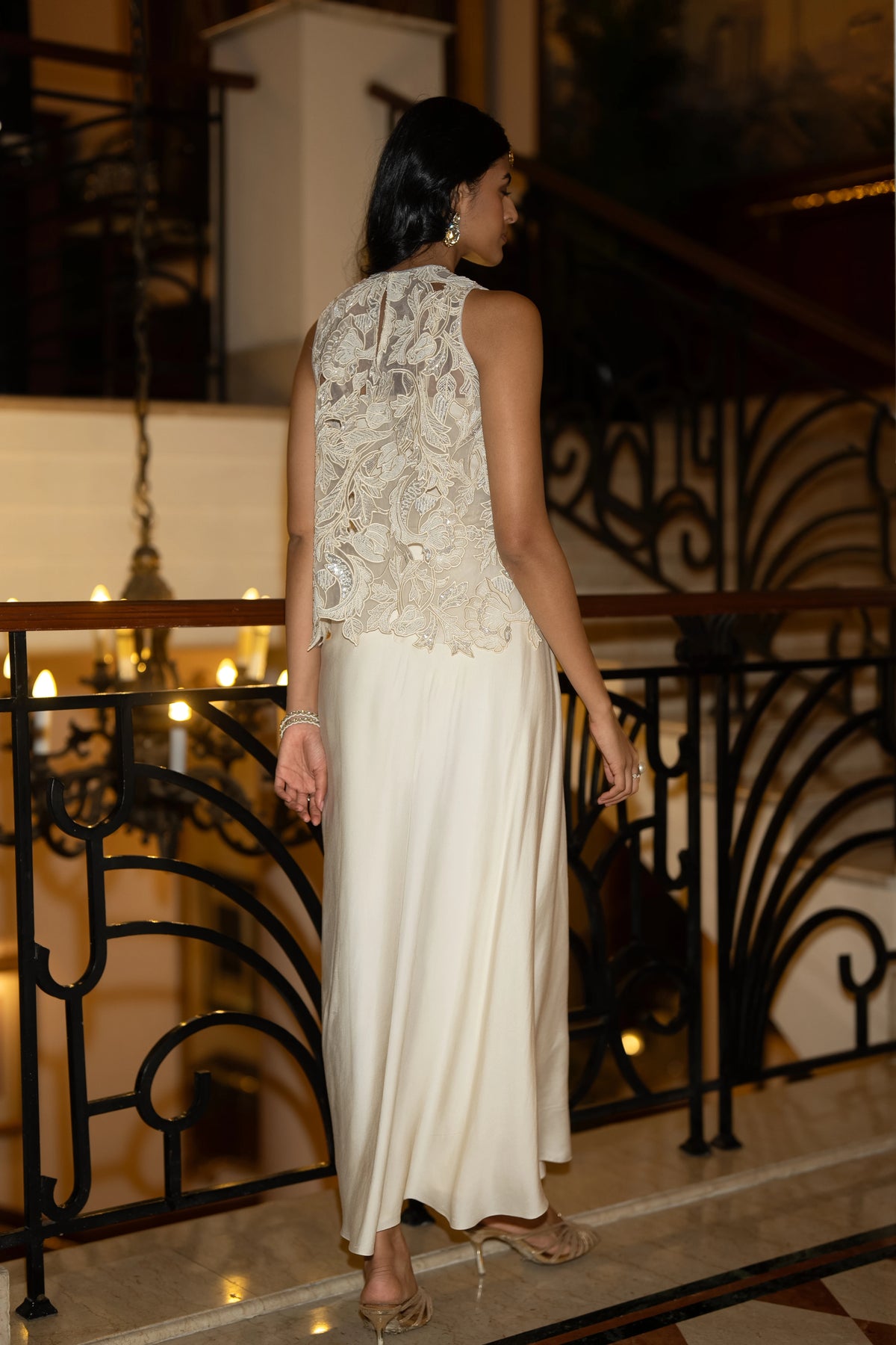 SEQUIN & BEAD EMBROIDERED SCALLOPED TOP & DRAPED SKIRT