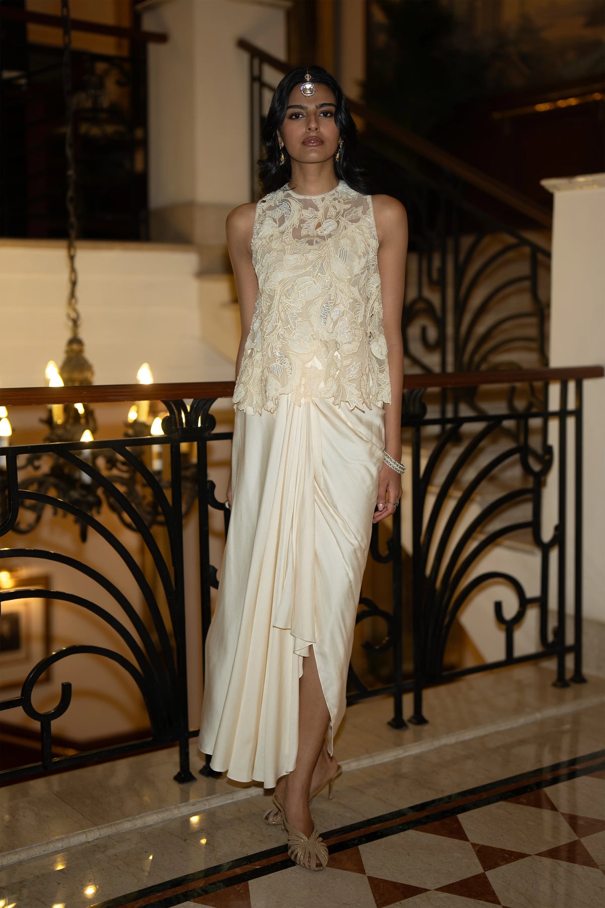 SEQUIN & BEAD EMBROIDERED SCALLOPED TOP & DRAPED SKIRT