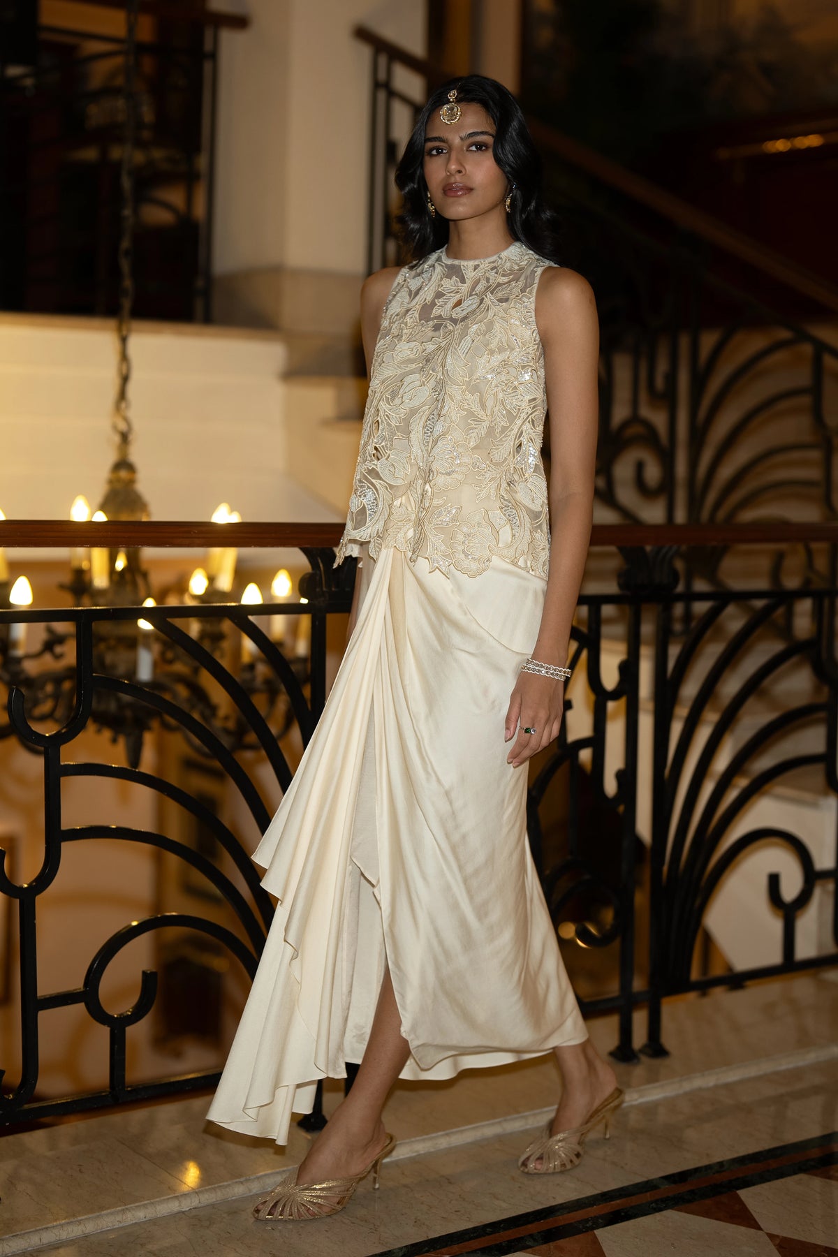 SEQUIN & BEAD EMBROIDERED SCALLOPED TOP & DRAPED SKIRT