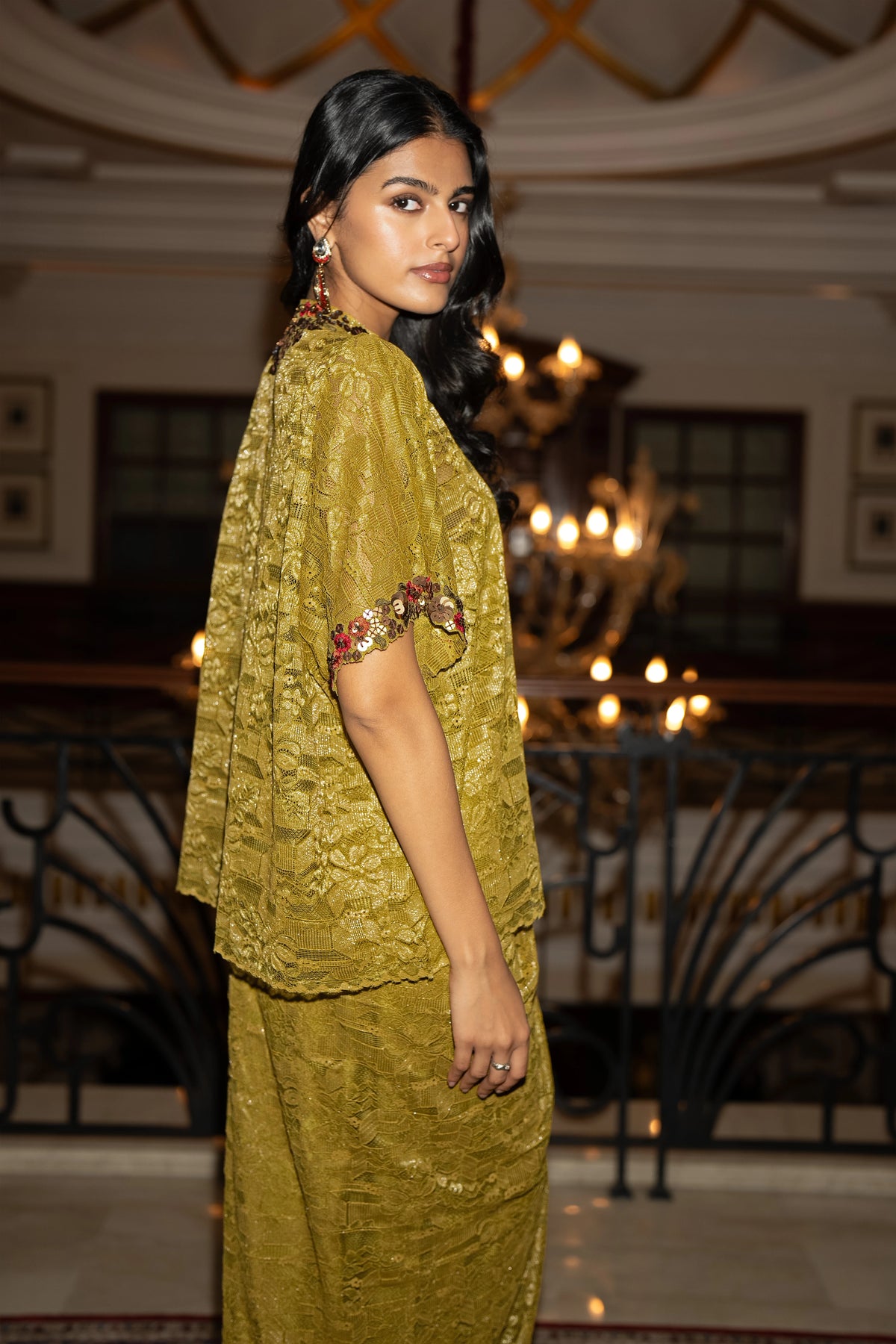 EMBROIDERED BOXY LACE TOP & DRAPED SKIRT SET