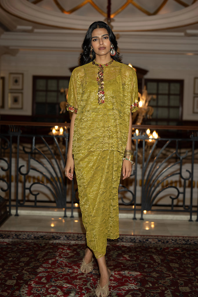 EMBROIDERED BOXY LACE TOP & DRAPED SKIRT SET dash and dot