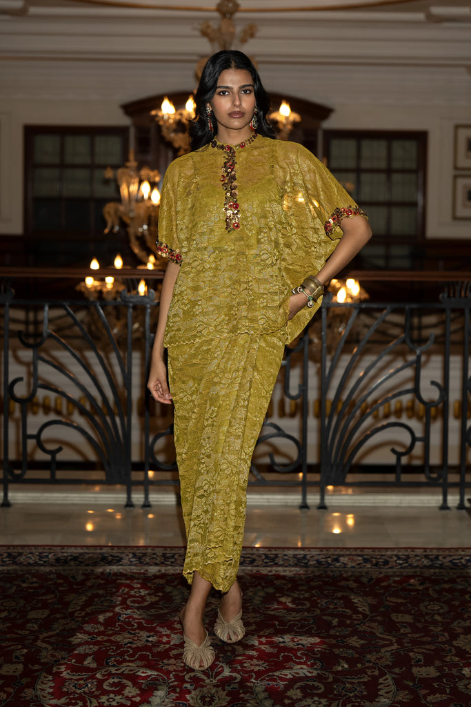 EMBROIDERED BOXY LACE TOP & DRAPED SKIRT SET dash and dot
