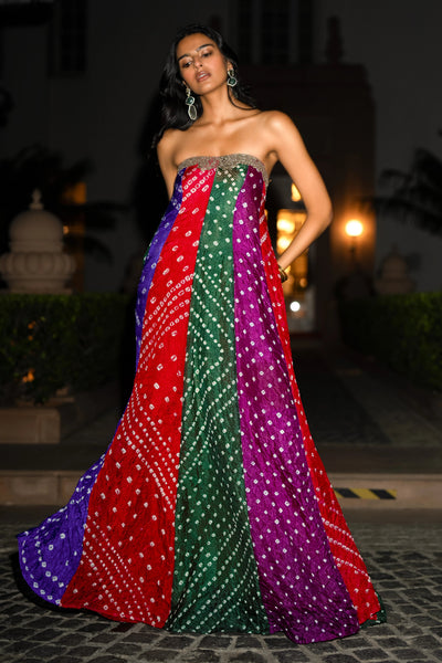 EMBROIDERED BANDHANI FLARED DRESS