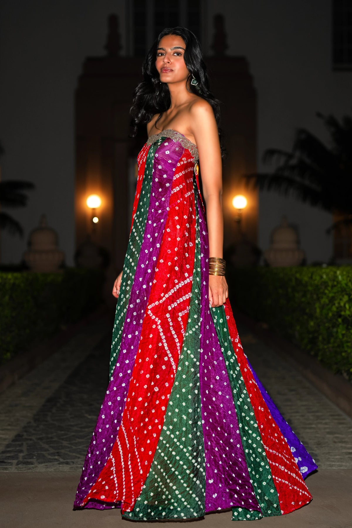 EMBROIDERED BANDHANI FLARED DRESS