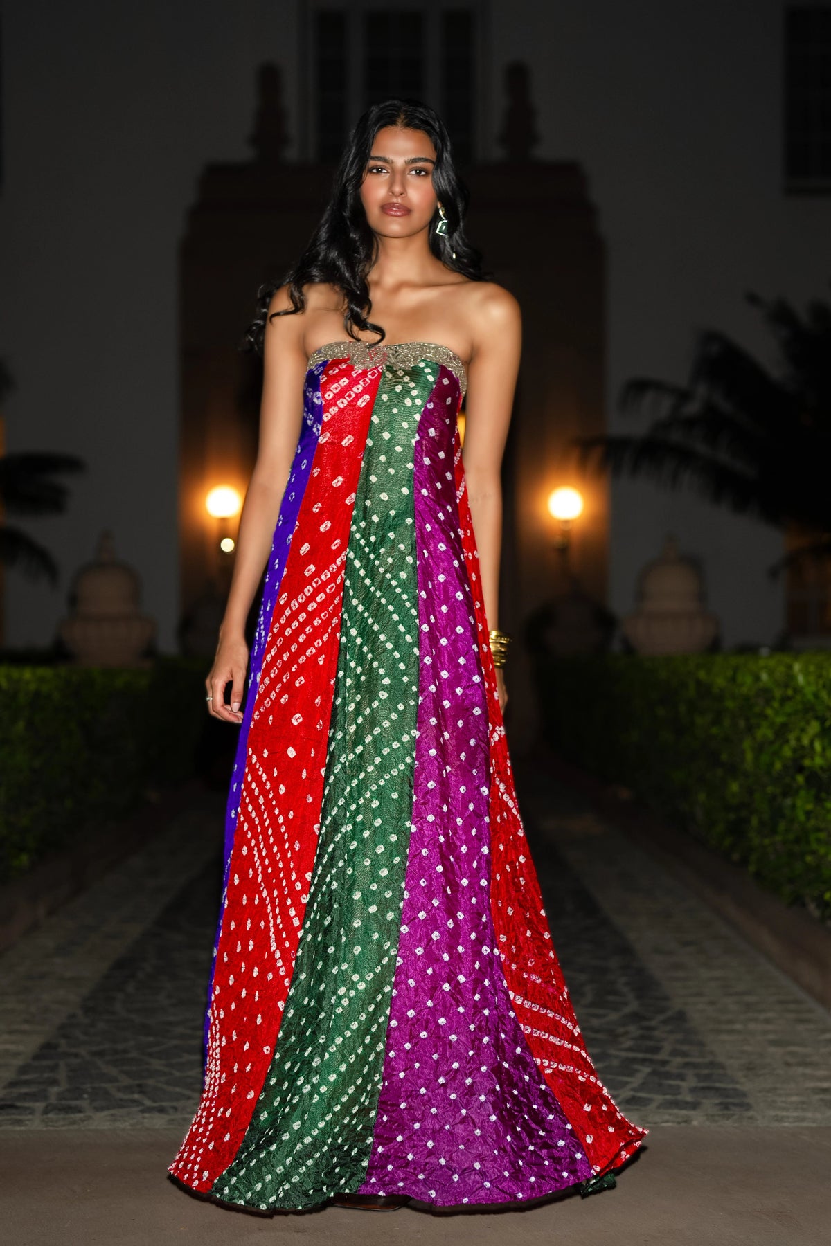 EMBROIDERED BANDHANI FLARED DRESS