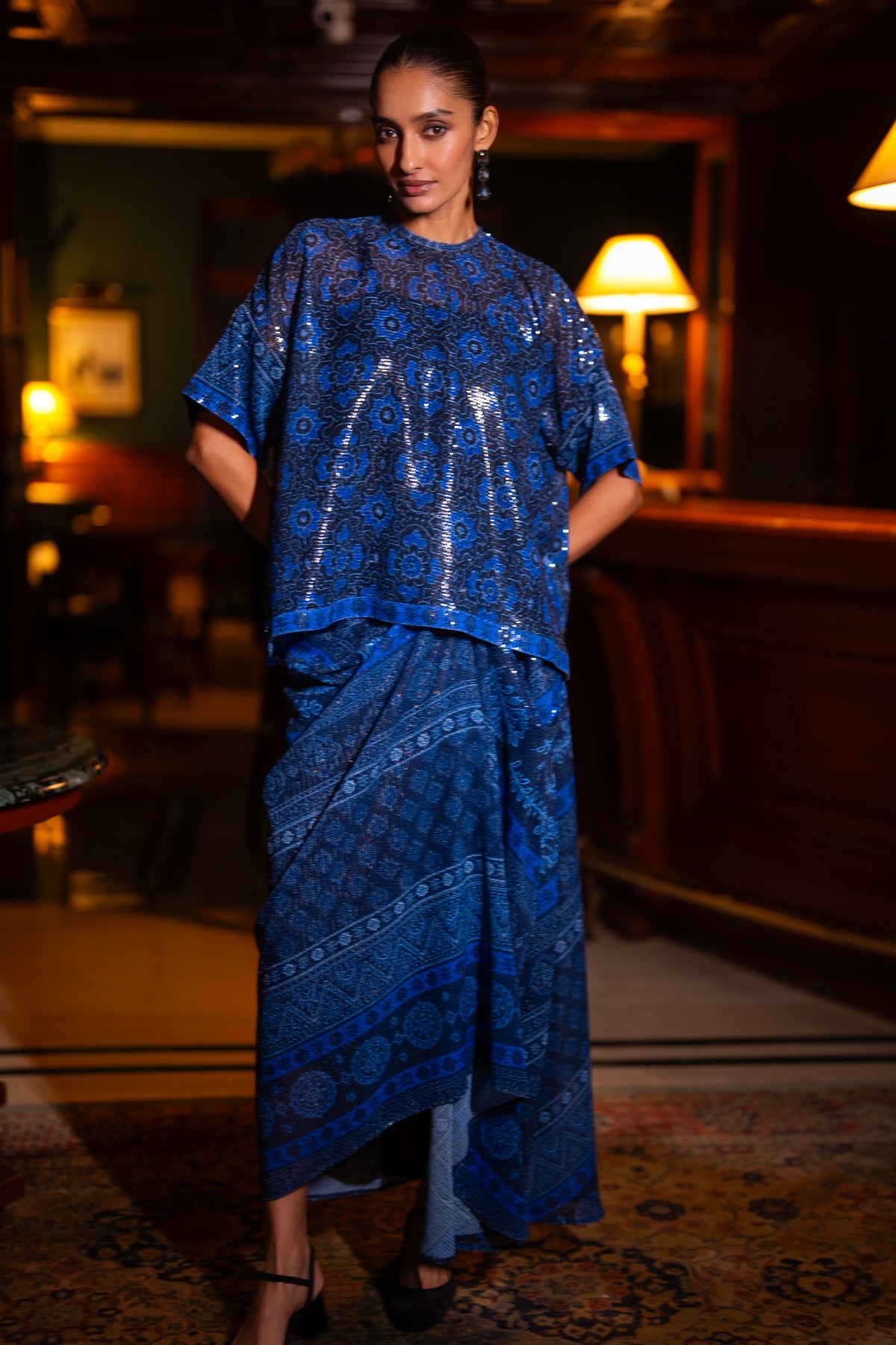 PATTERNED BLUE SEQUIN BOXY TOP & DRAPE SKIRT SET