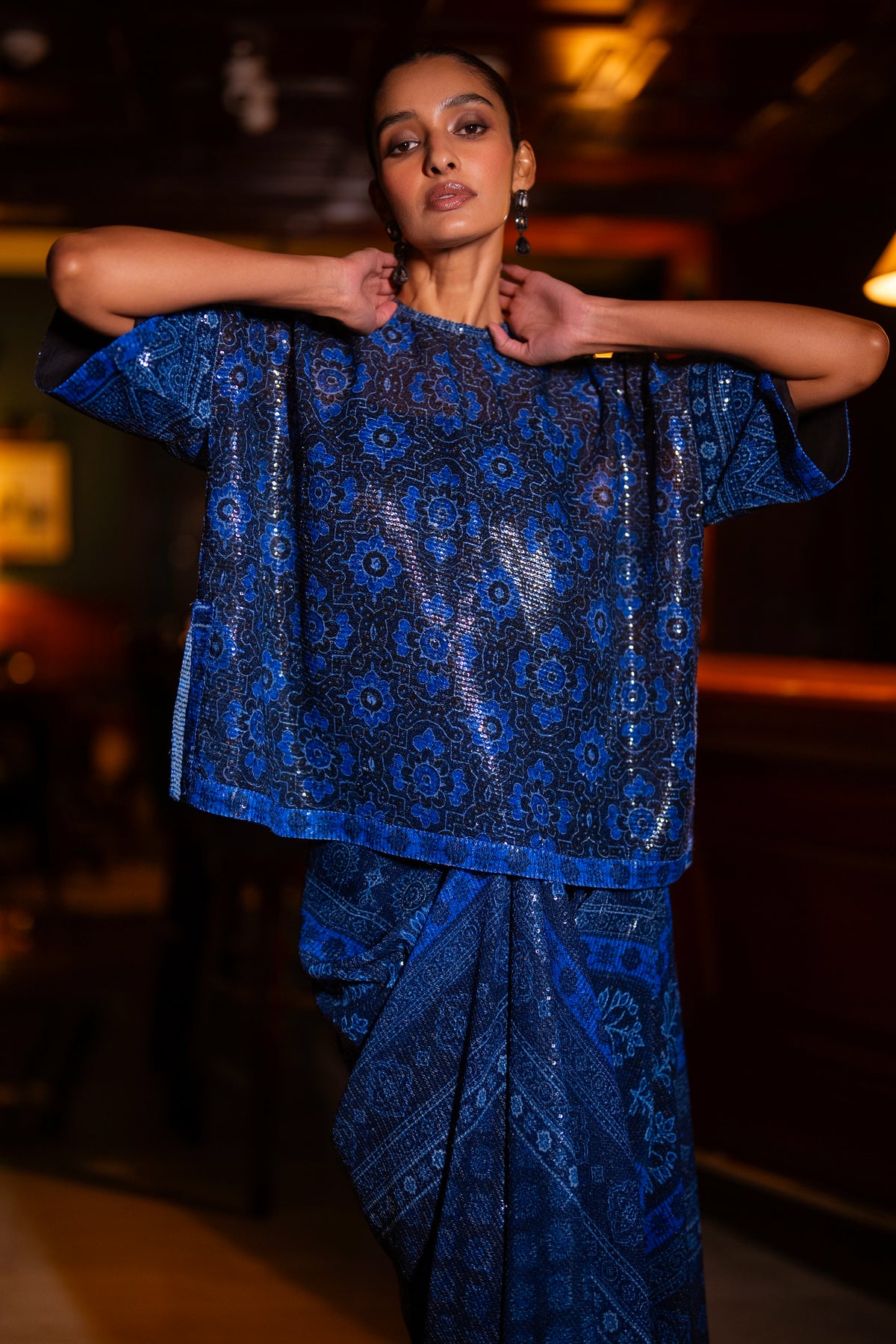PATTERNED BLUE SEQUIN BOXY TOP & DRAPE SKIRT SET