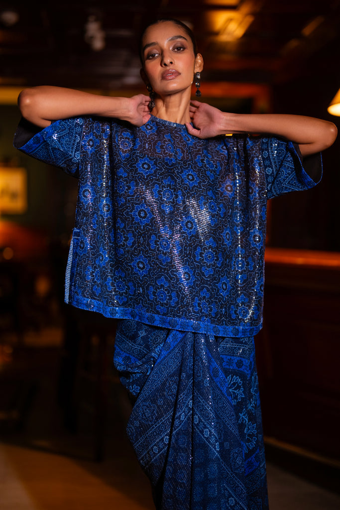 PATTERNED BLUE SEQUIN BOXY TOP & DRAPE SKIRT SET dash and dot