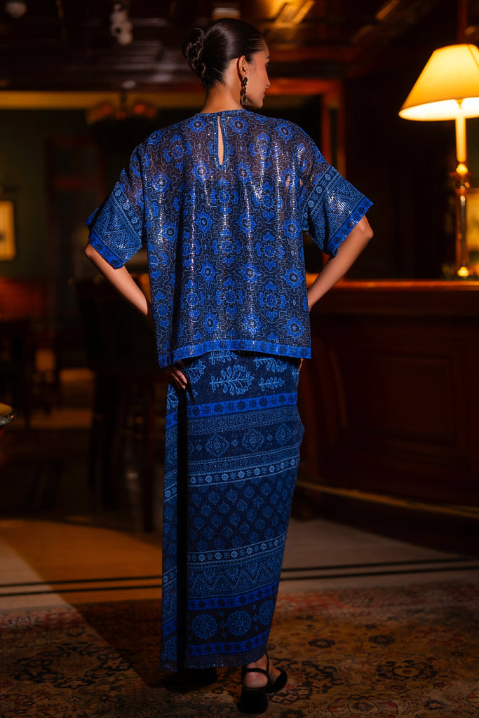 PATTERNED BLUE SEQUIN BOXY TOP & DRAPE SKIRT SET dash and dot