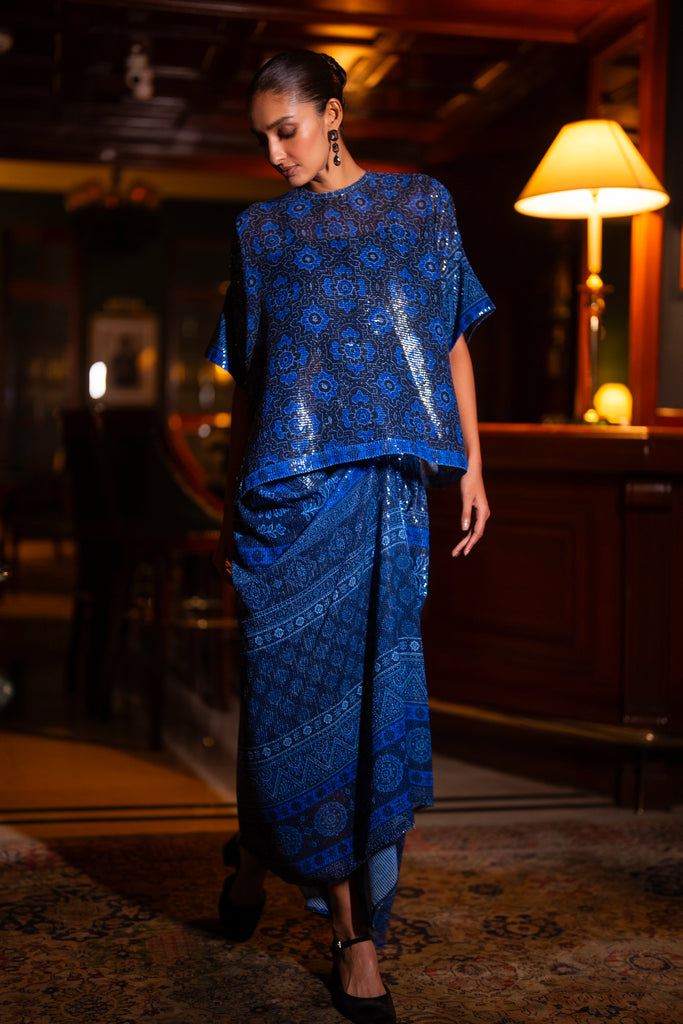 PATTERNED BLUE SEQUIN BOXY TOP & DRAPE SKIRT SET dash and dot