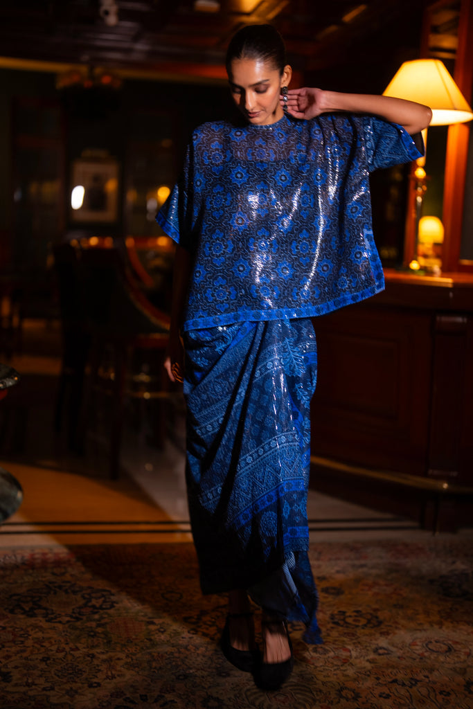 PATTERNED BLUE SEQUIN BOXY TOP & DRAPE SKIRT SET dash and dot