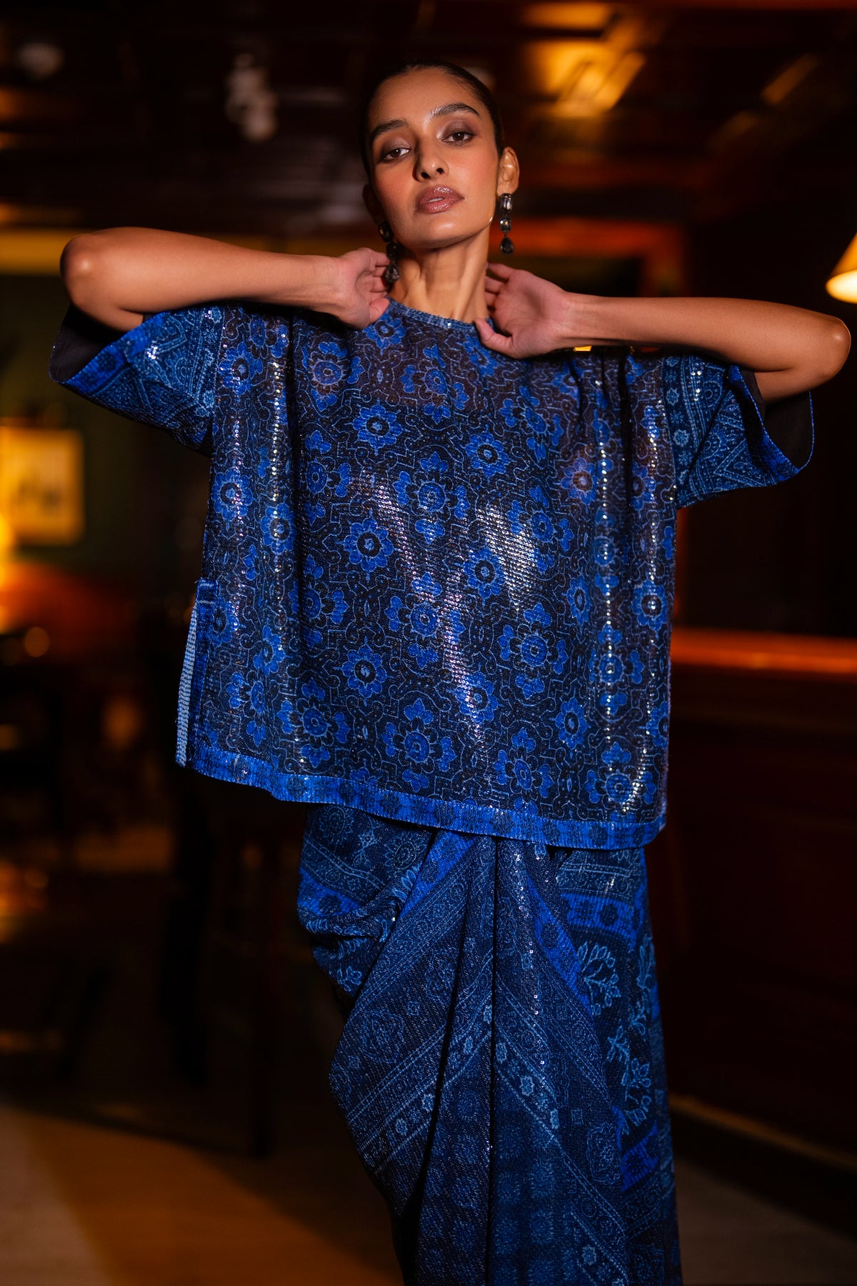 PATTERNED BLUE SEQUIN BOXY TOP
